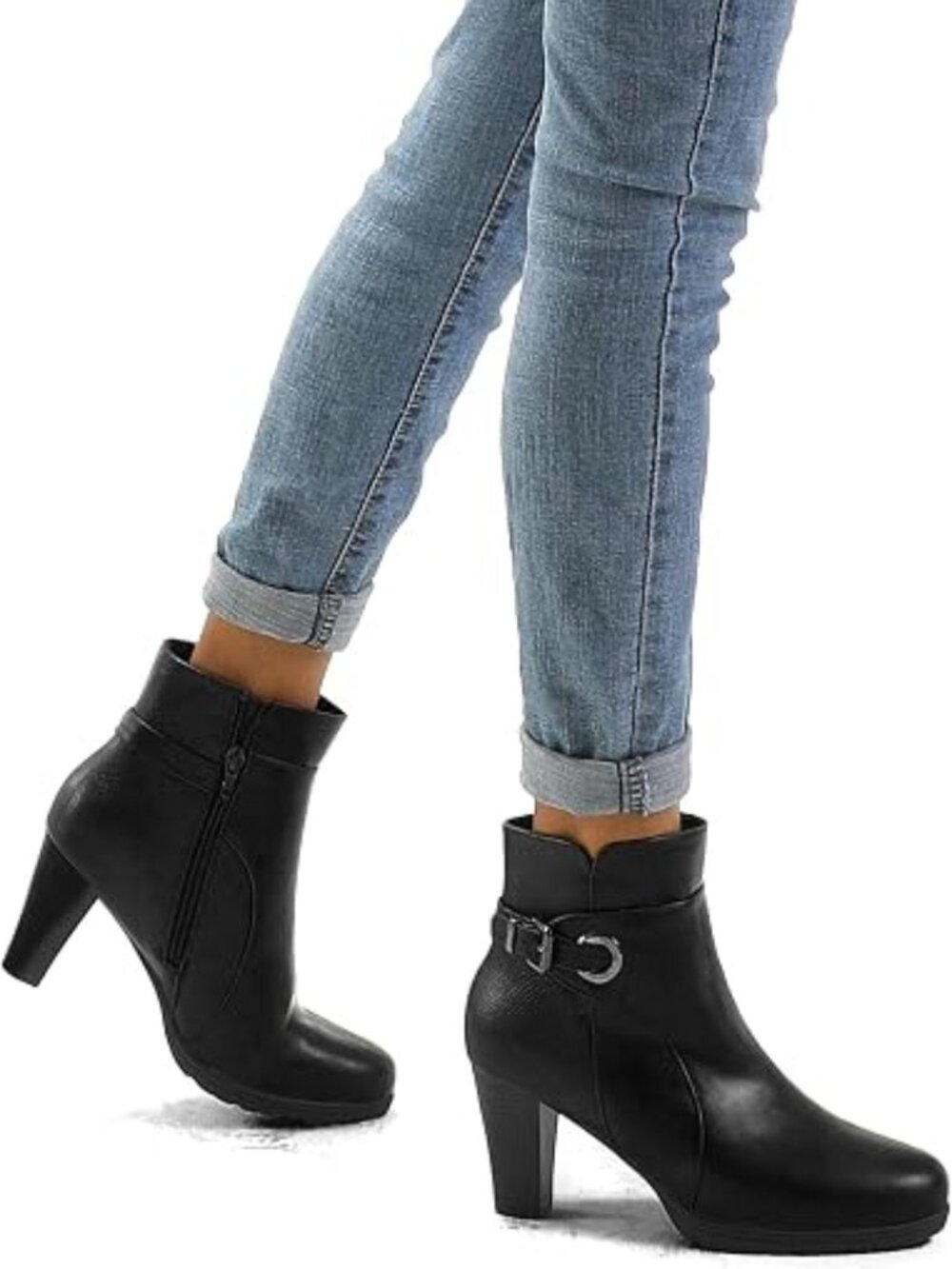 Women's Chunky Stacked Heel Ankle Boots Zipper Buckle Booties